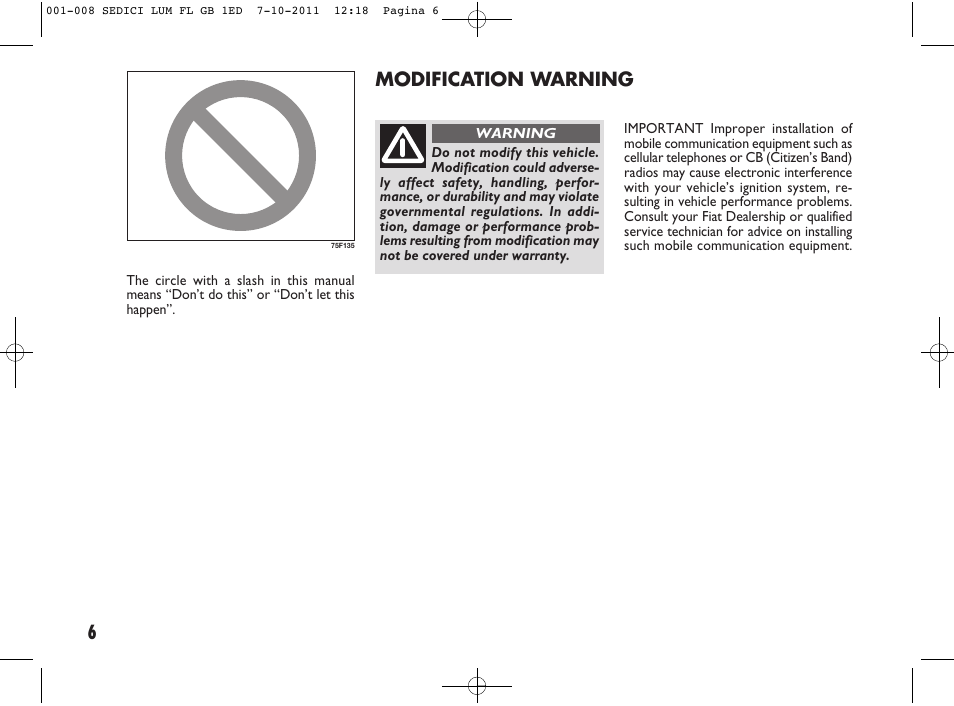 Modification warning | FIAT Sedici User Manual | Page 10 / 279