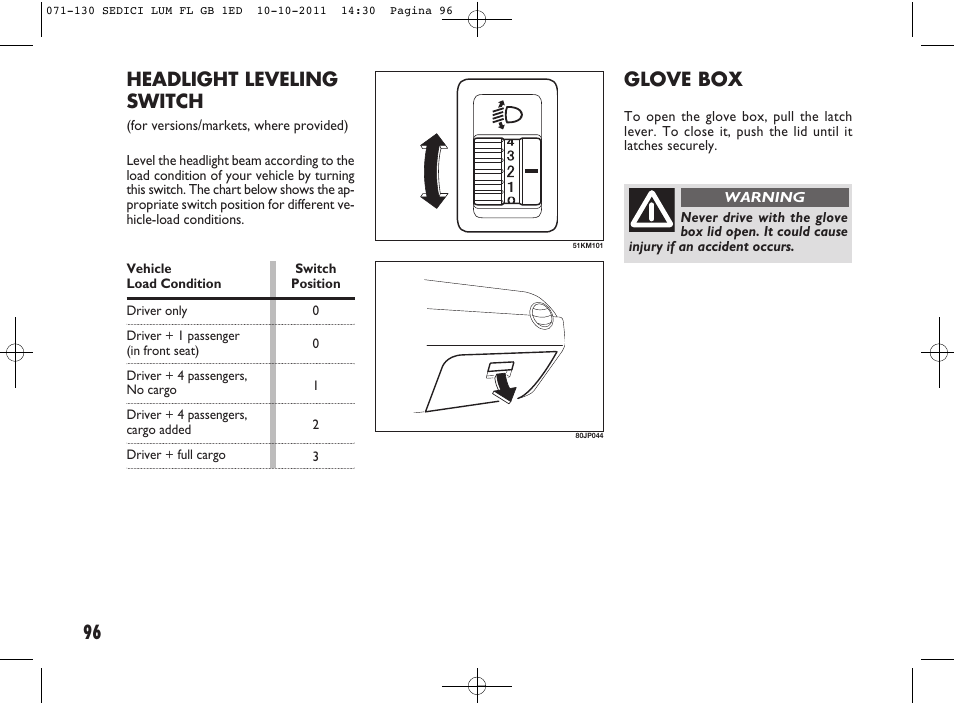 96 headlight leveling switch, Glove box | FIAT Sedici User Manual | Page 100 / 279