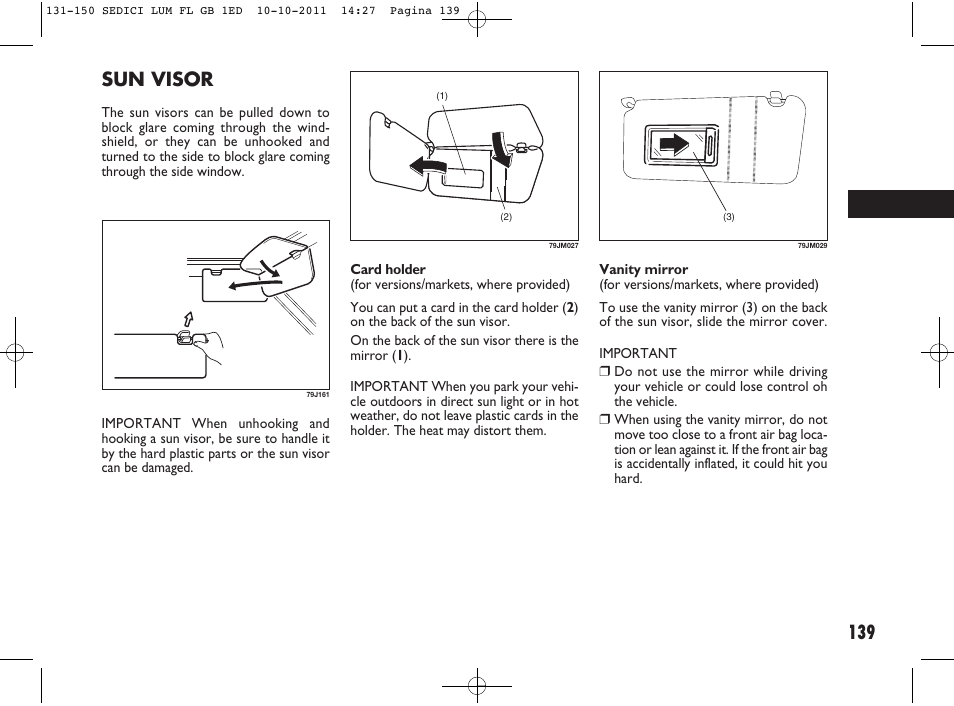 139 sun visor | FIAT Sedici User Manual | Page 143 / 279