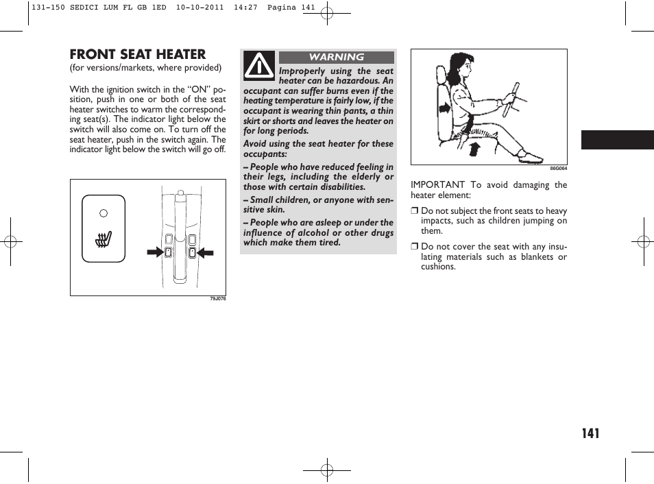 141 front seat heater | FIAT Sedici User Manual | Page 145 / 279