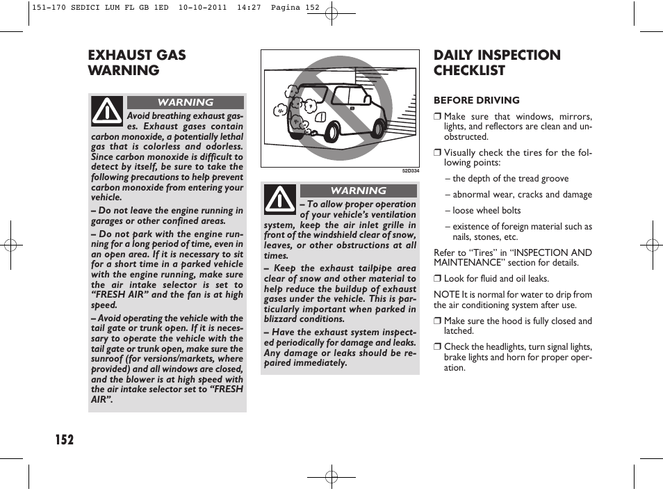 152 daily inspection checklist, Exhaust gas warning | FIAT Sedici User Manual | Page 156 / 279