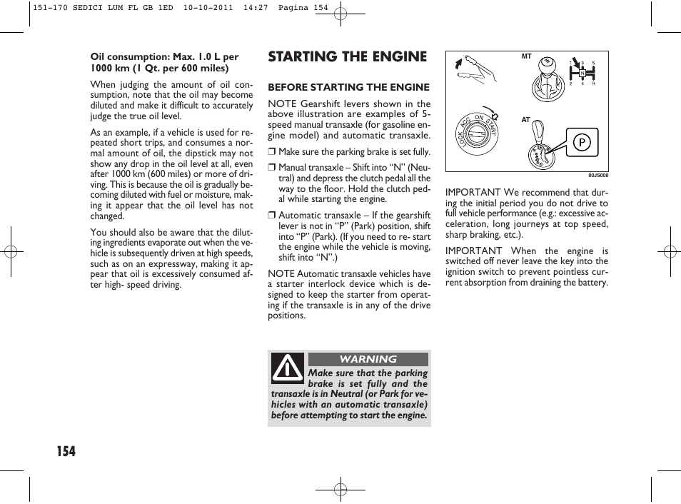 Starting the engine | FIAT Sedici User Manual | Page 158 / 279