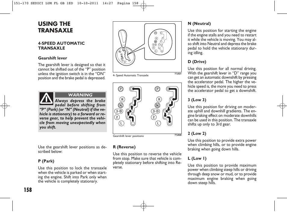 Using the transaxle | FIAT Sedici User Manual | Page 162 / 279