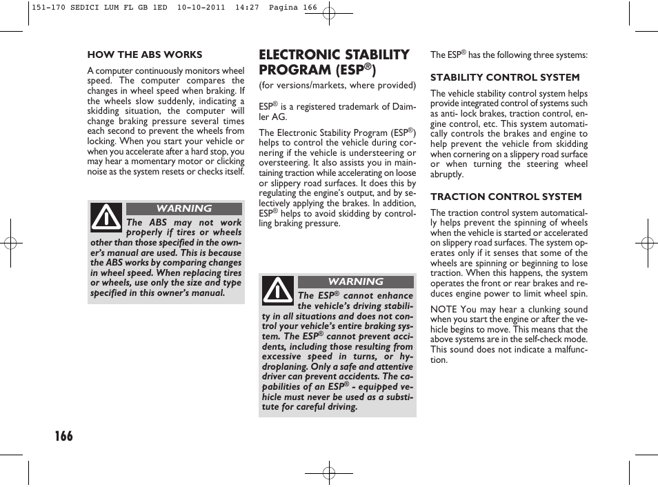 Electronic stability program (esp | FIAT Sedici User Manual | Page 170 / 279