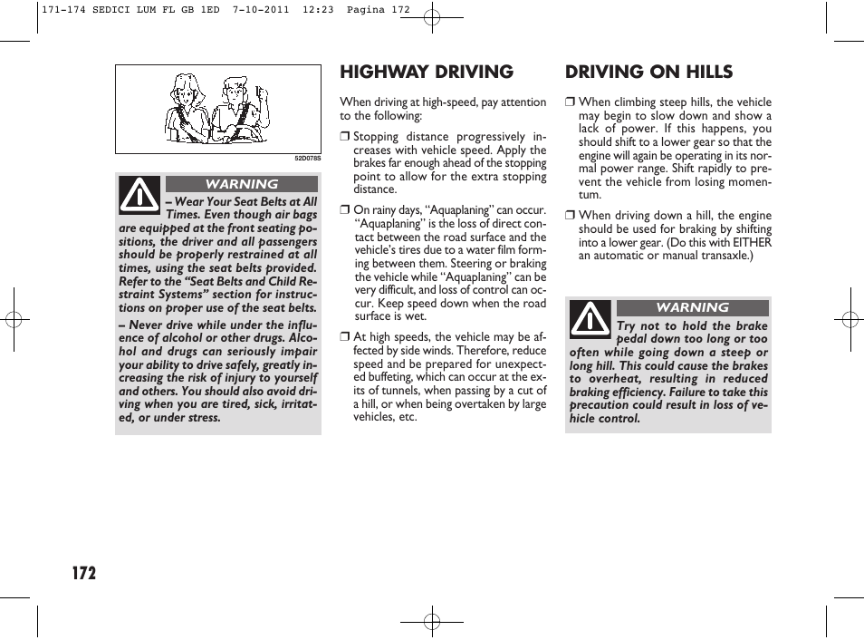 172 highway driving, Driving on hills | FIAT Sedici User Manual | Page 176 / 279