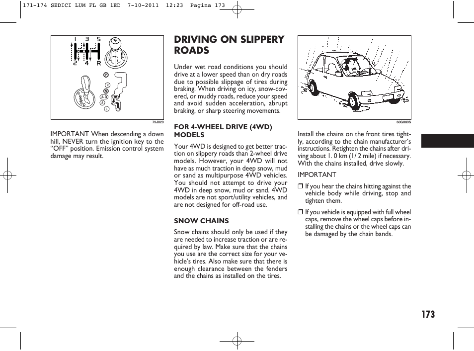 173 driving on slippery roads | FIAT Sedici User Manual | Page 177 / 279