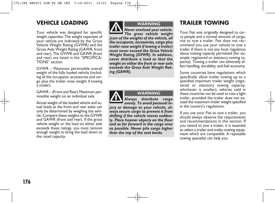 176 trailer towing, Vehicle loading | FIAT Sedici User Manual | Page 180 / 279