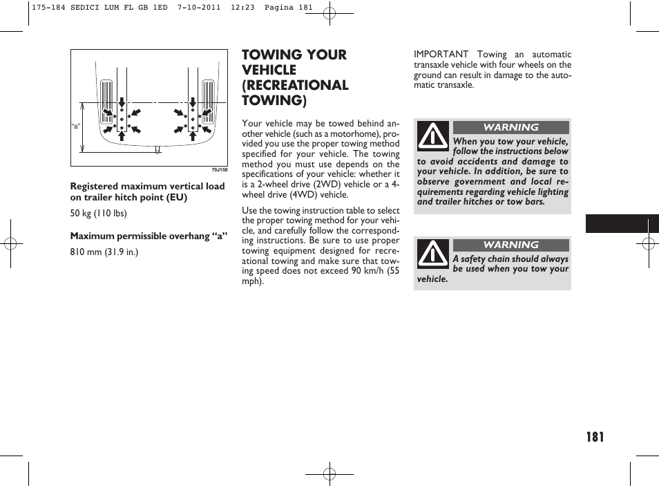 181 towing your vehicle (recreational towing) | FIAT Sedici User Manual | Page 185 / 279