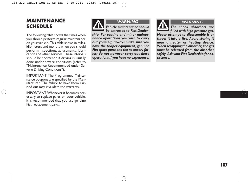 187 maintenance schedule | FIAT Sedici User Manual | Page 191 / 279