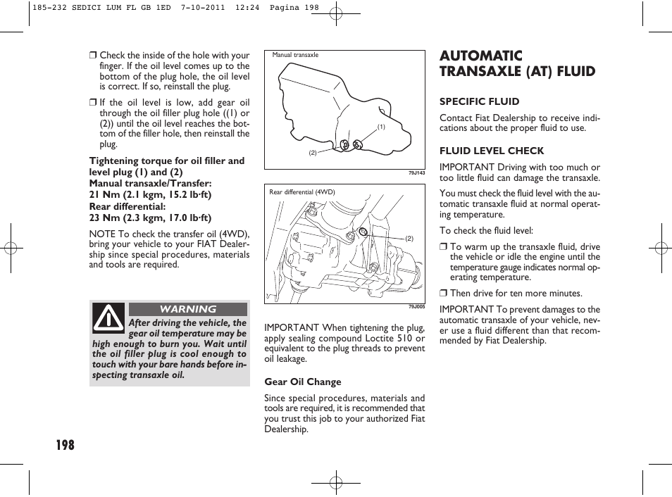 Automatic transaxle (at) fluid | FIAT Sedici User Manual | Page 202 / 279