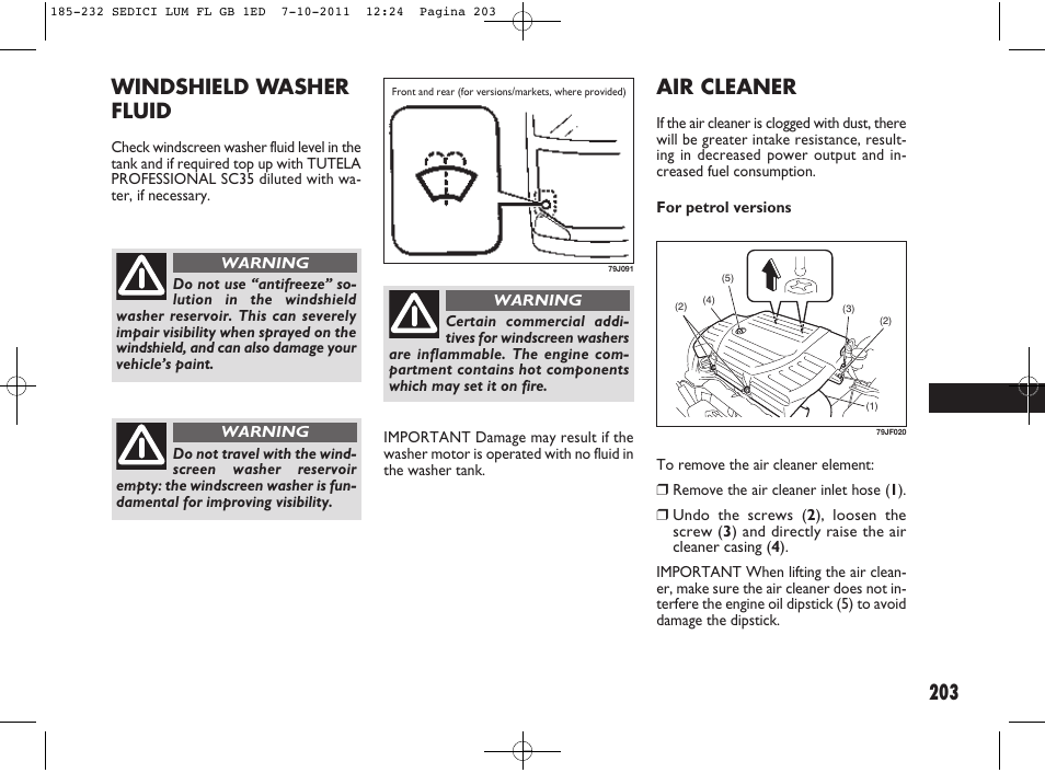 203 air cleaner, Windshield washer fluid | FIAT Sedici User Manual | Page 207 / 279