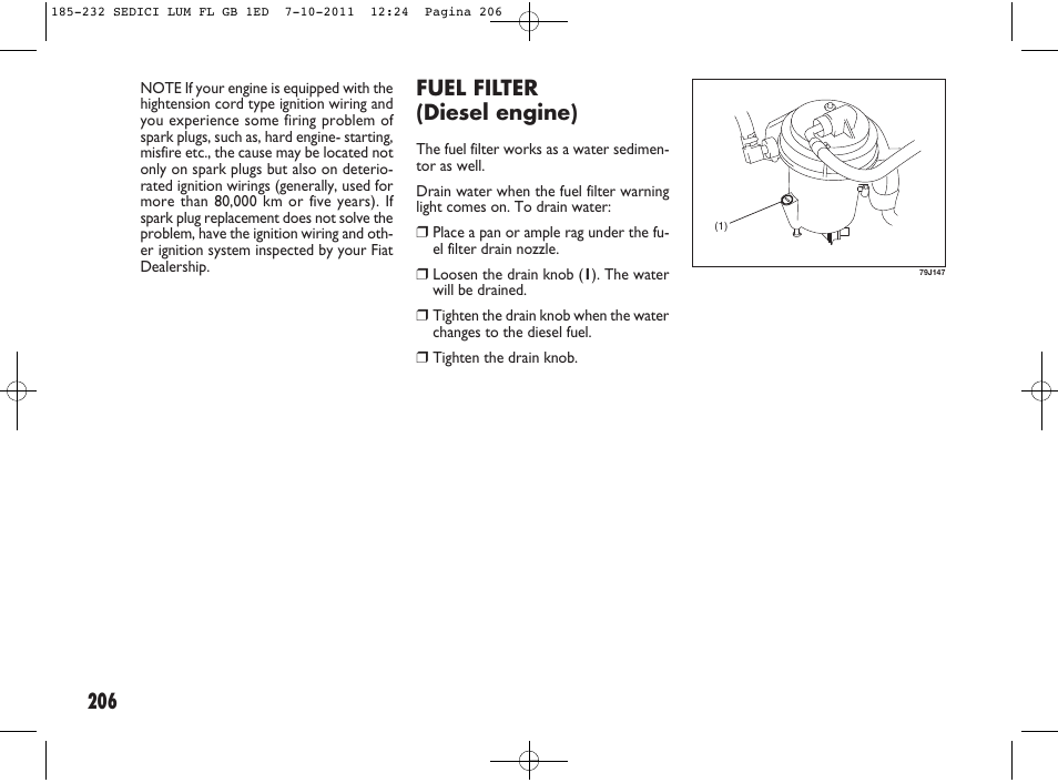 Fuel filter (diesel engine) | FIAT Sedici User Manual | Page 210 / 279