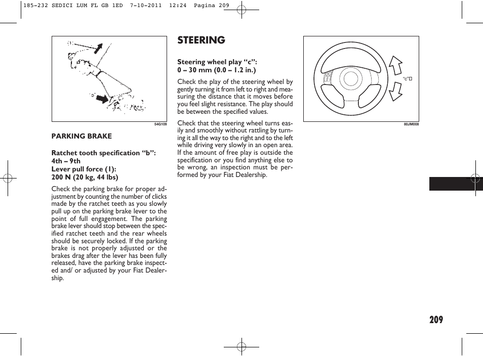 209 steering | FIAT Sedici User Manual | Page 213 / 279