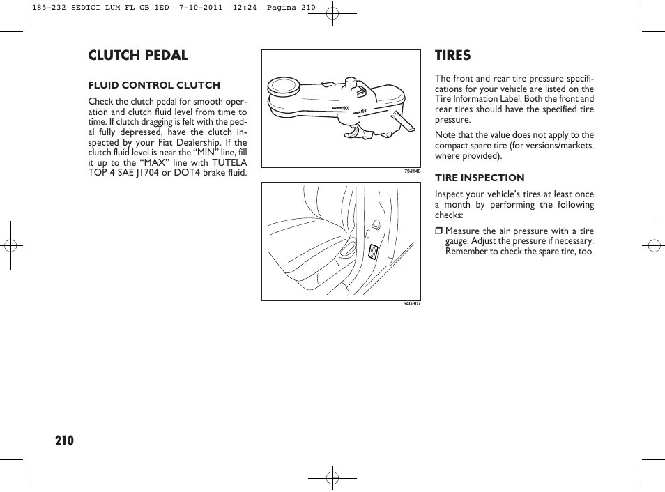 210 tires, Clutch pedal | FIAT Sedici User Manual | Page 214 / 279