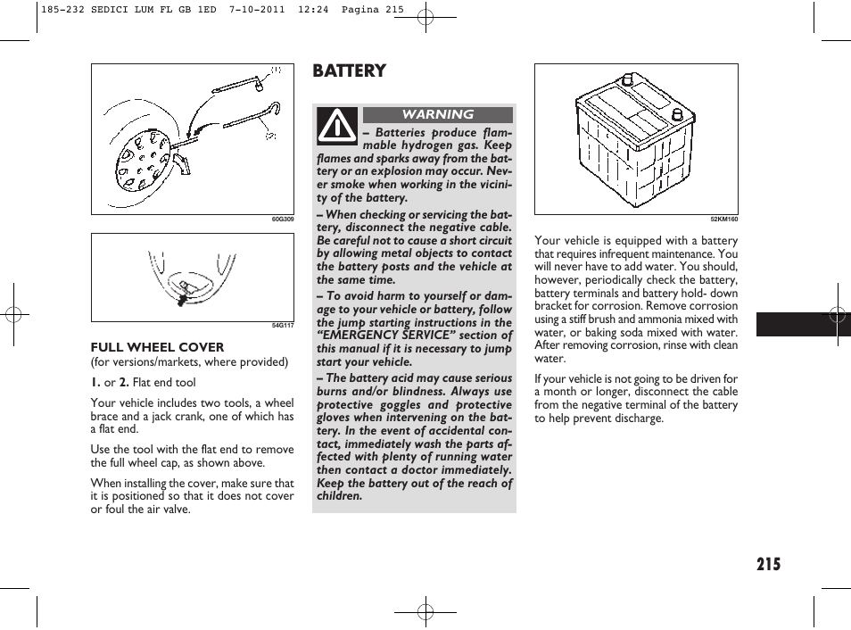 215 battery | FIAT Sedici User Manual | Page 219 / 279