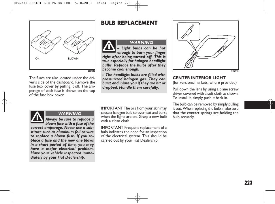 223 bulb replacement | FIAT Sedici User Manual | Page 227 / 279