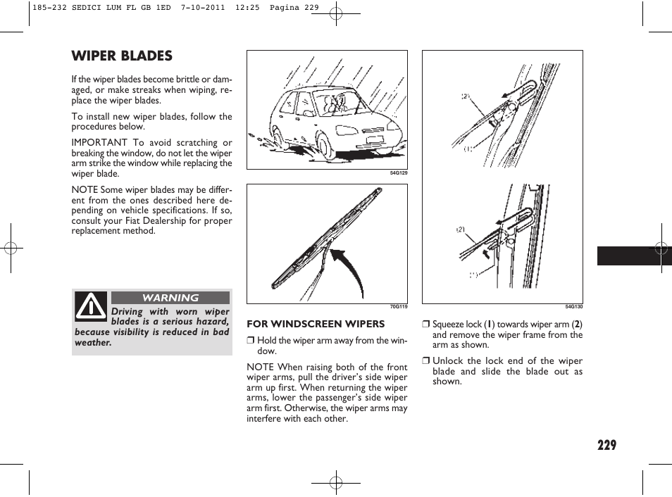 Wiper blades | FIAT Sedici User Manual | Page 233 / 279