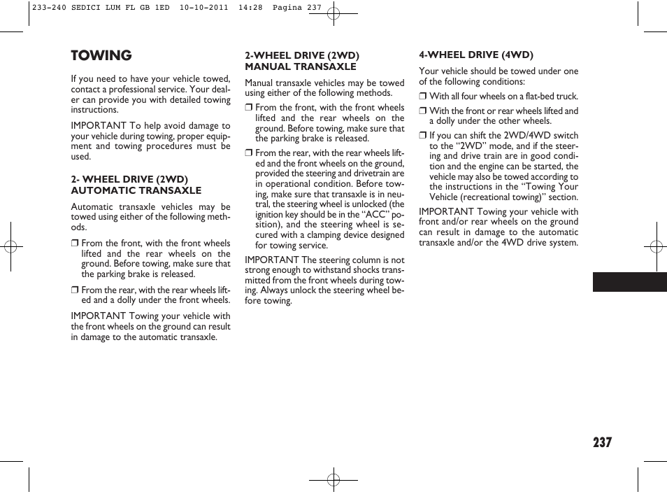 Towing | FIAT Sedici User Manual | Page 241 / 279