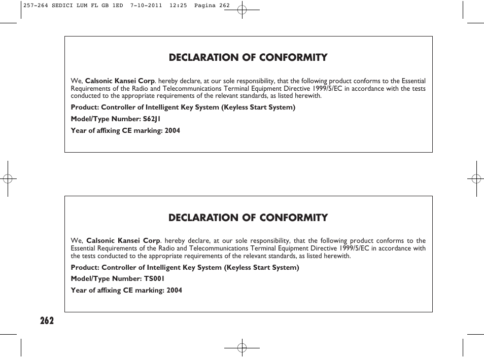 262 declaration of conformity, Declaration of conformity | FIAT Sedici User Manual | Page 266 / 279