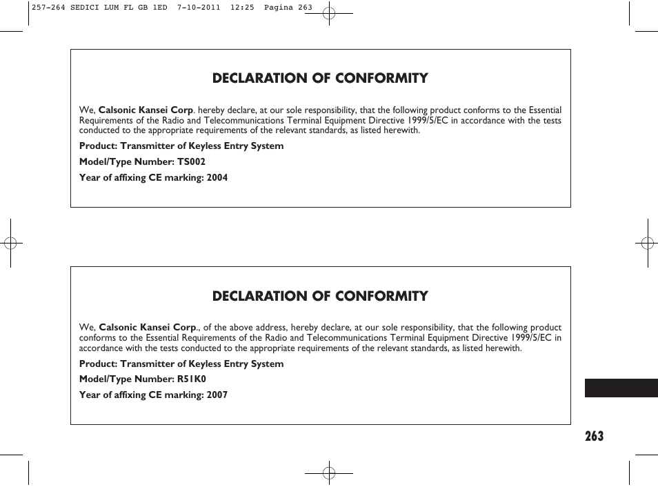 263 declaration of conformity, Declaration of conformity | FIAT Sedici User Manual | Page 267 / 279