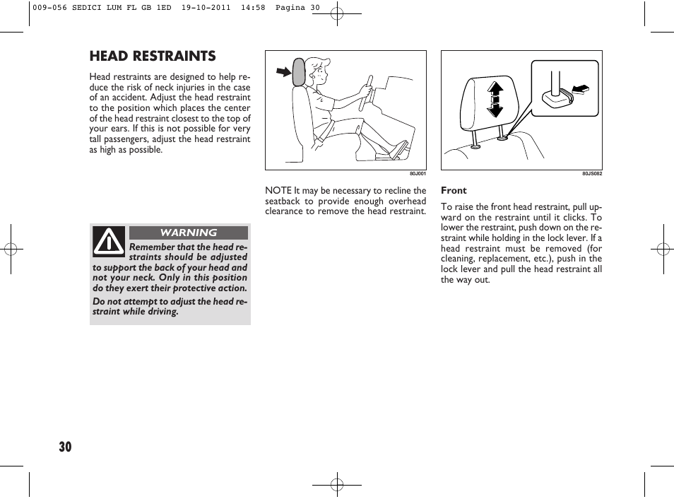 Head restraints | FIAT Sedici User Manual | Page 34 / 279