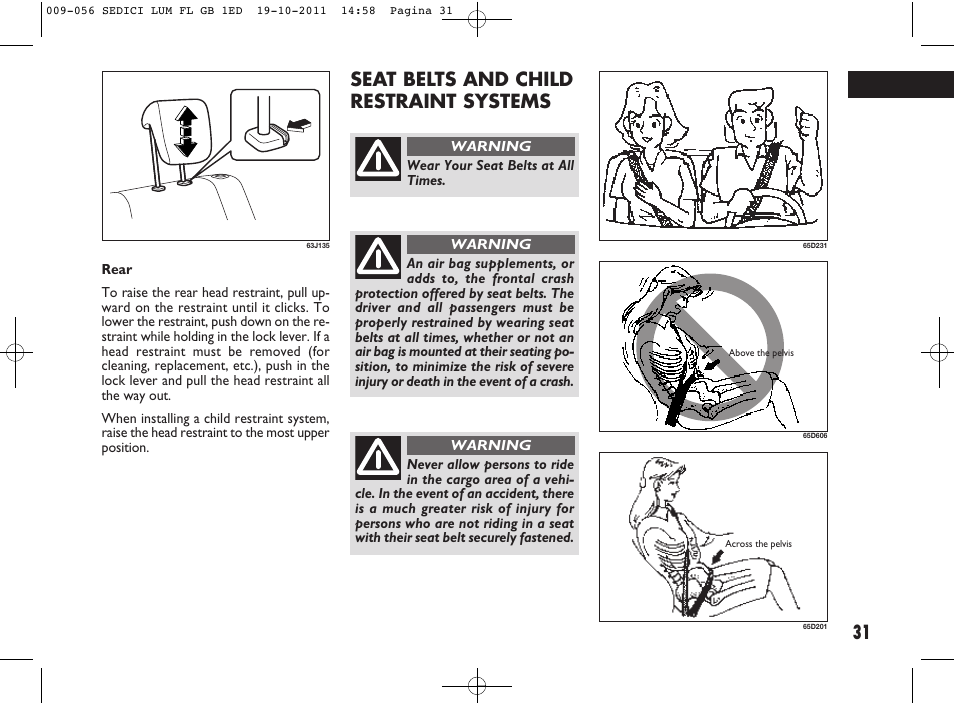 31 seat belts and child restraint systems | FIAT Sedici User Manual | Page 35 / 279