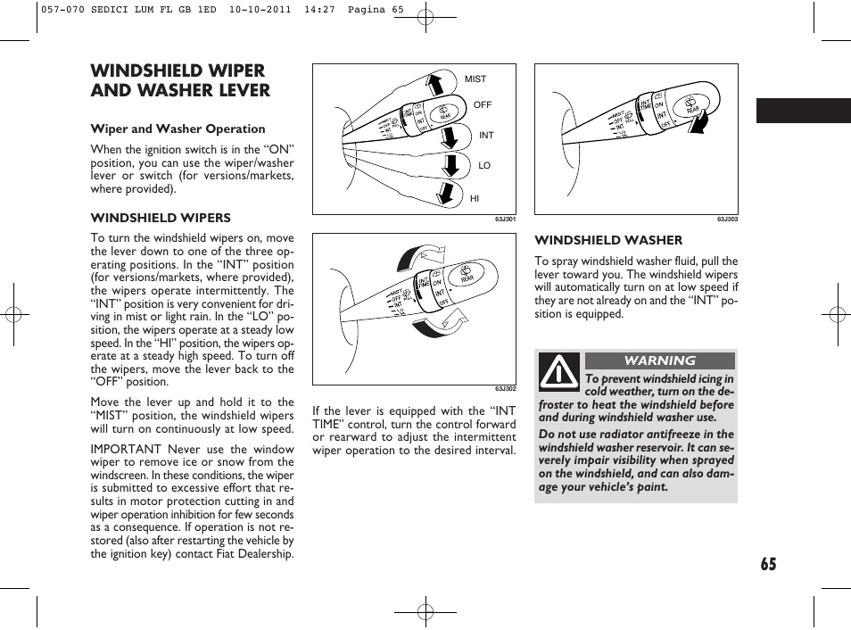 Windshield wiper and washer lever | FIAT Sedici User Manual | Page 69 / 279