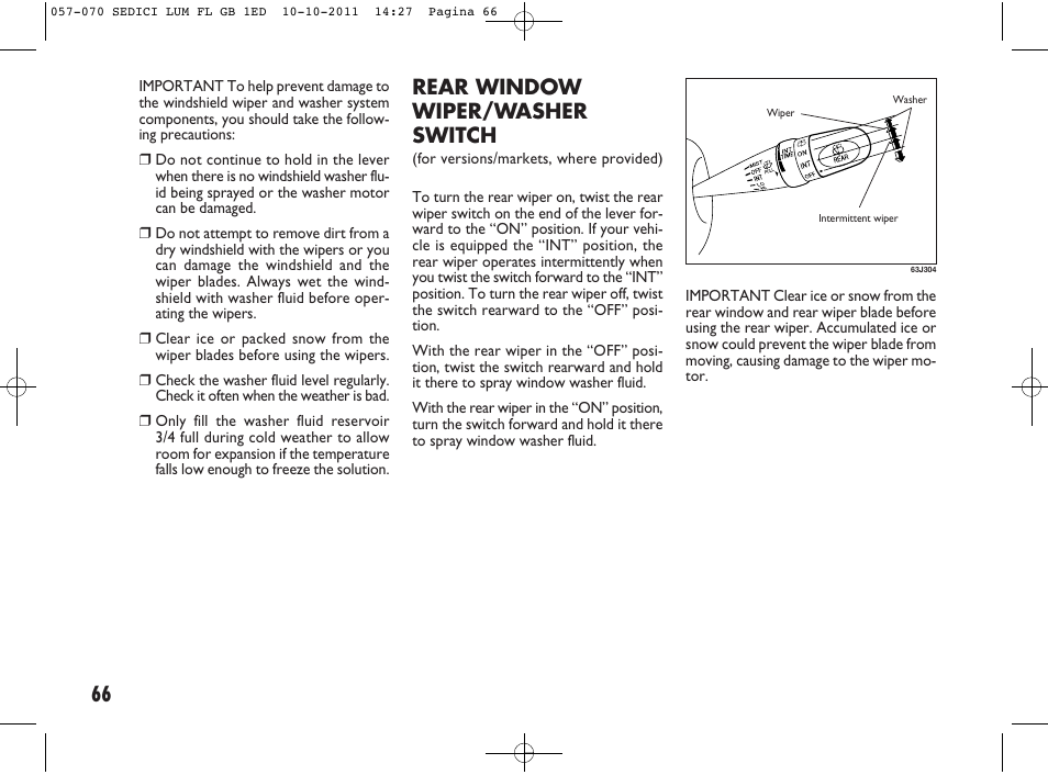 66 rear window wiper/washer switch | FIAT Sedici User Manual | Page 70 / 279