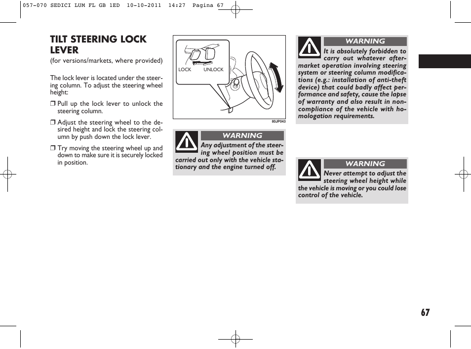 67 tilt steering lock lever | FIAT Sedici User Manual | Page 71 / 279