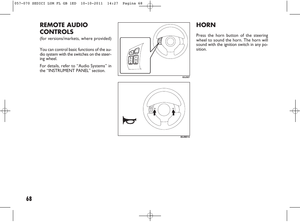 68 horn, Remote audio controls | FIAT Sedici User Manual | Page 72 / 279