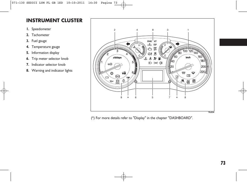 73 instrument cluster | FIAT Sedici User Manual | Page 77 / 279