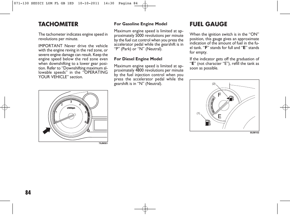 84 tachometer, Fuel gauge | FIAT Sedici User Manual | Page 88 / 279