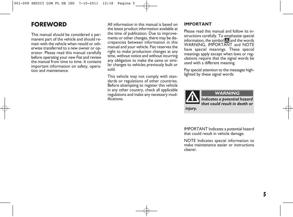 Foreword | FIAT Sedici User Manual | Page 9 / 279