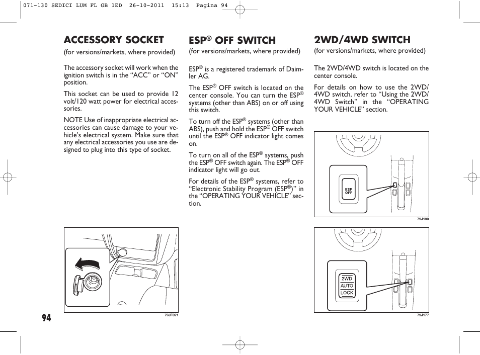 2wd/4wd switch, Off switch, Accessory socket | FIAT Sedici User Manual | Page 98 / 279