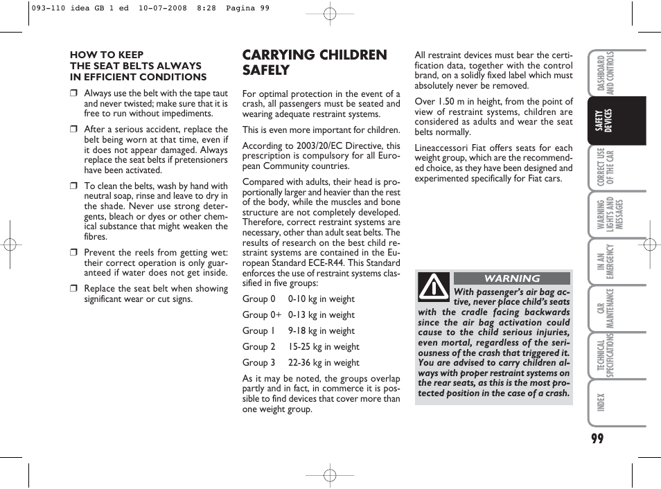 Carrying children safely | FIAT Idea User Manual | Page 100 / 210