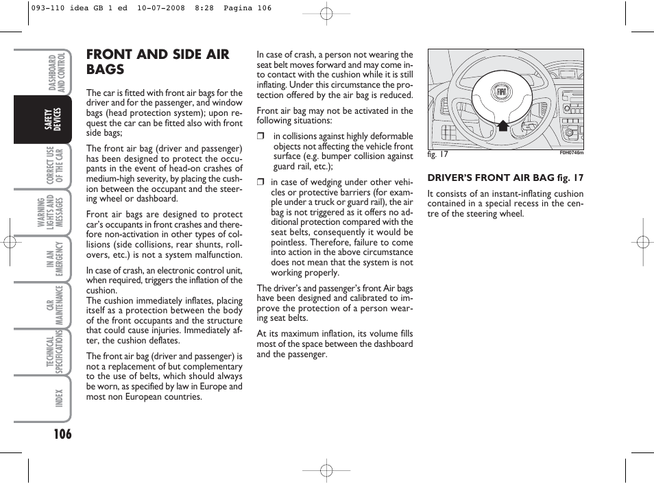 Front and side air bags | FIAT Idea User Manual | Page 107 / 210