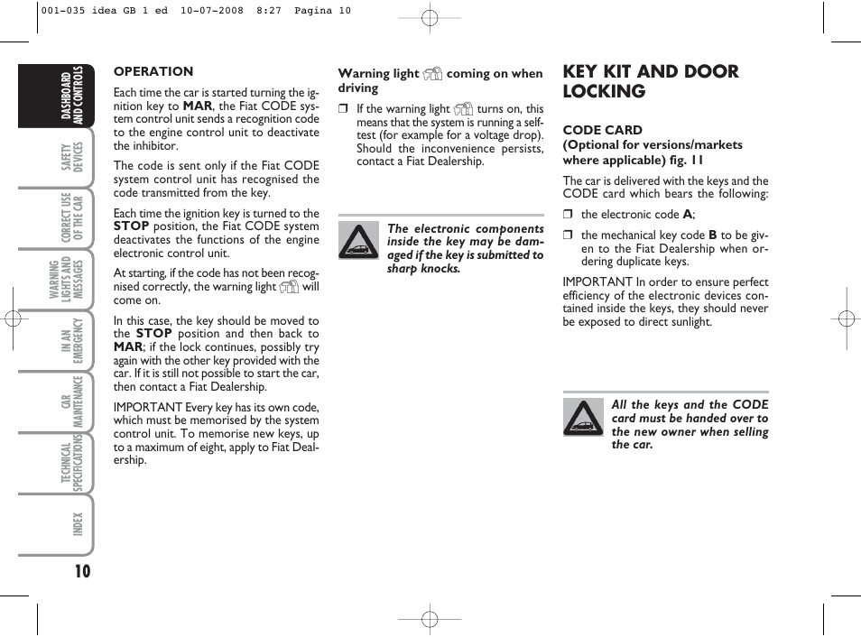 Key kit and door locking | FIAT Idea User Manual | Page 11 / 210