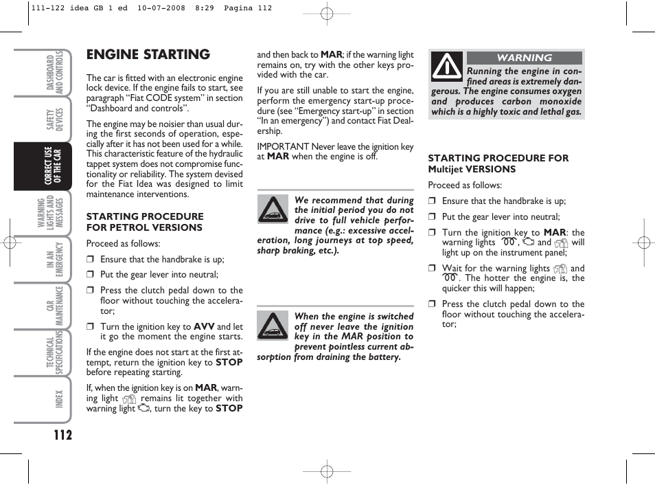 Engine starting | FIAT Idea User Manual | Page 113 / 210