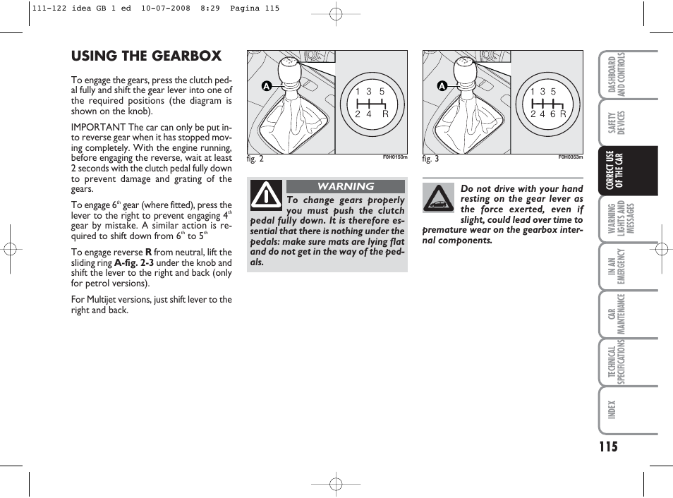 Using the gearbox | FIAT Idea User Manual | Page 116 / 210