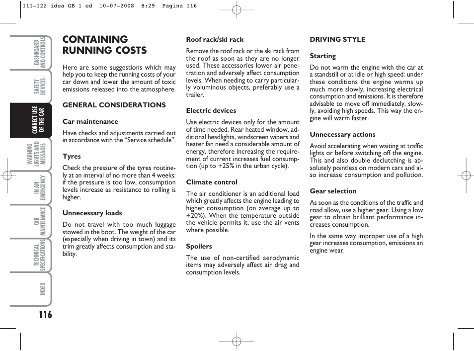 Containing running costs | FIAT Idea User Manual | Page 117 / 210