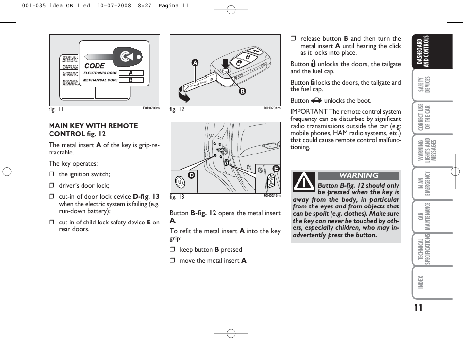 FIAT Idea User Manual | Page 12 / 210