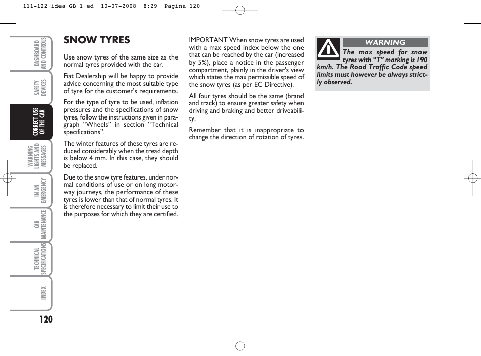 Snow tyres | FIAT Idea User Manual | Page 121 / 210