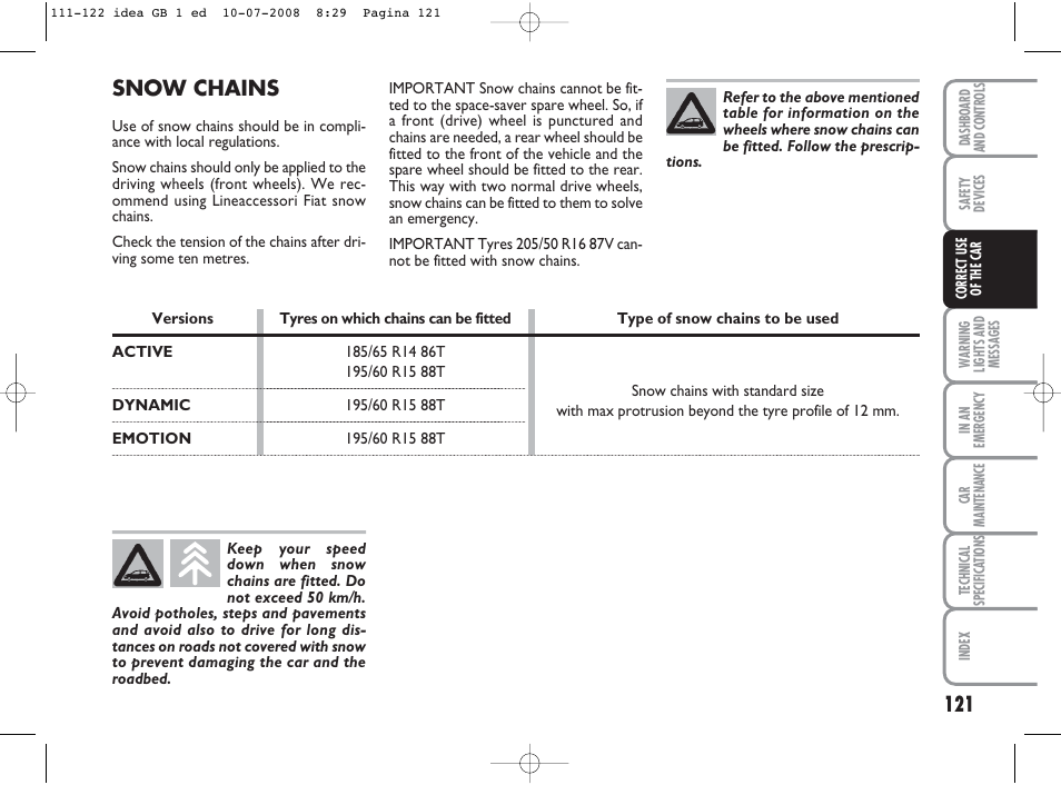 Snow chains | FIAT Idea User Manual | Page 122 / 210