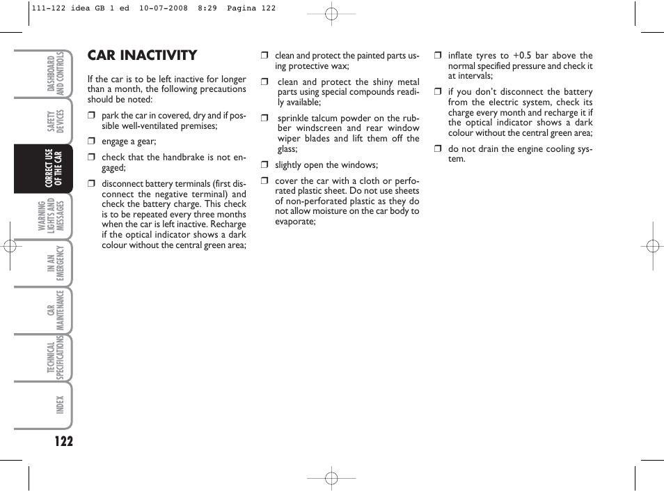 Car inactivity | FIAT Idea User Manual | Page 123 / 210