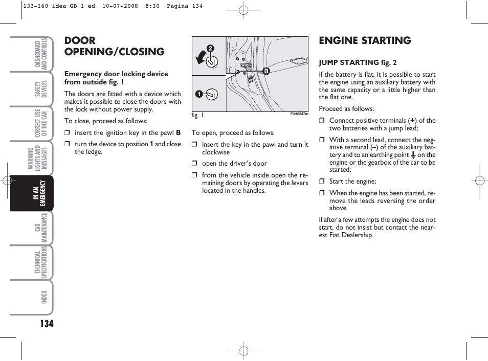 Door opening/closing, Engine starting | FIAT Idea User Manual | Page 135 / 210