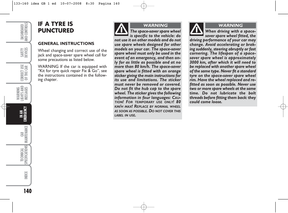 If a tyre is punctured | FIAT Idea User Manual | Page 141 / 210