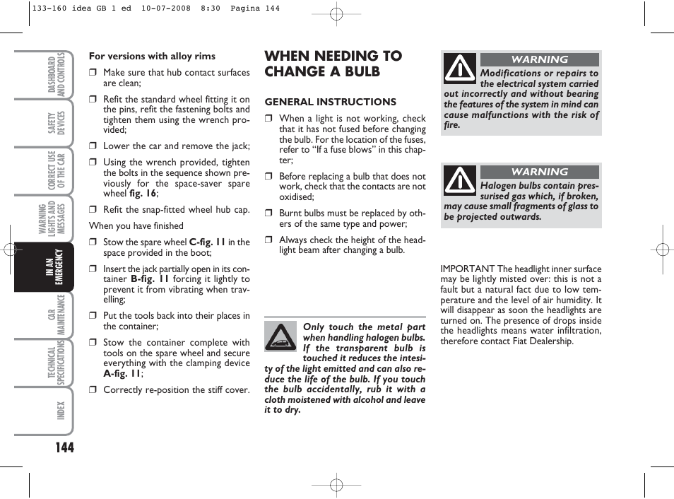 When needing to change a bulb | FIAT Idea User Manual | Page 145 / 210