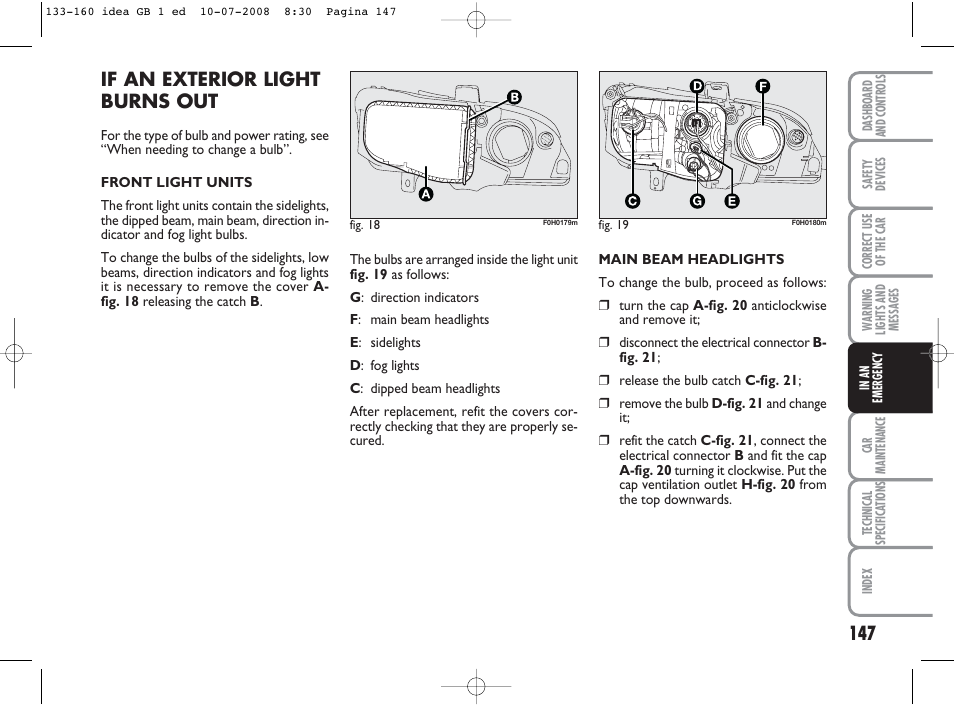 If an exterior light burns out | FIAT Idea User Manual | Page 148 / 210