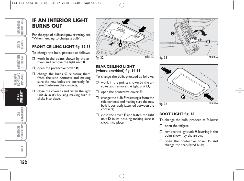 If an interior light burns out | FIAT Idea User Manual | Page 153 / 210