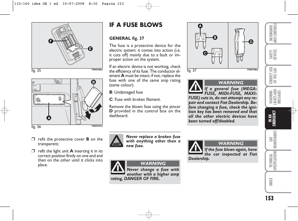 If a fuse blows | FIAT Idea User Manual | Page 154 / 210